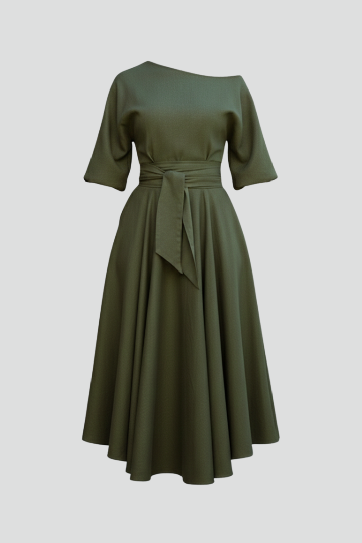 Women's asymmetric off-shoulder midi dress with balloon sleeves and tie waist
