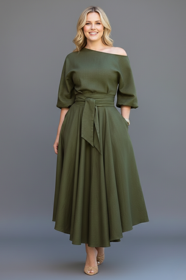Women's asymmetric off-shoulder midi dress with balloon sleeves and tie waist