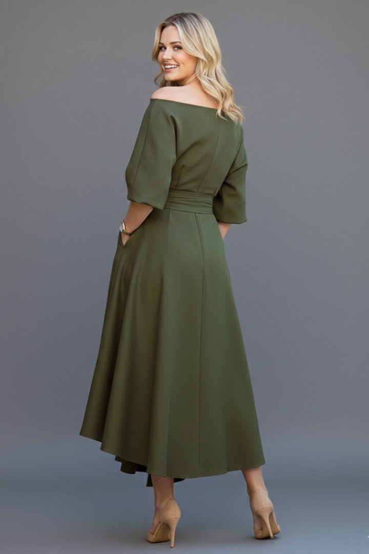 Women's asymmetric off-shoulder midi dress with balloon sleeves and tie waist