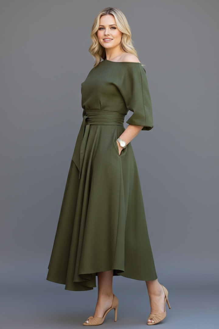 Women's asymmetric off-shoulder midi dress with balloon sleeves and tie waist