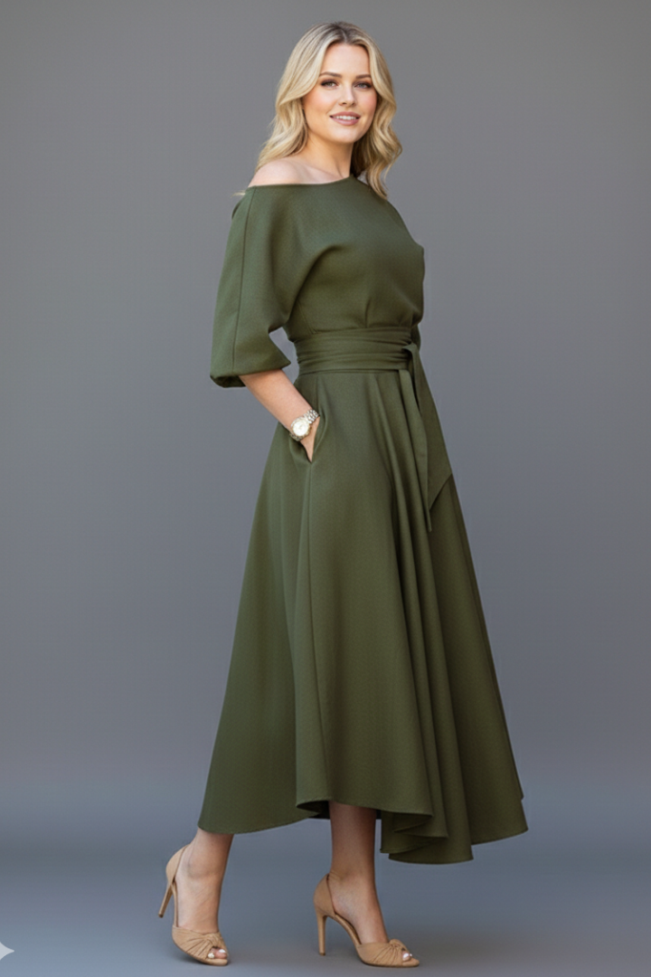 Women's asymmetric off-shoulder midi dress with balloon sleeves and tie waist
