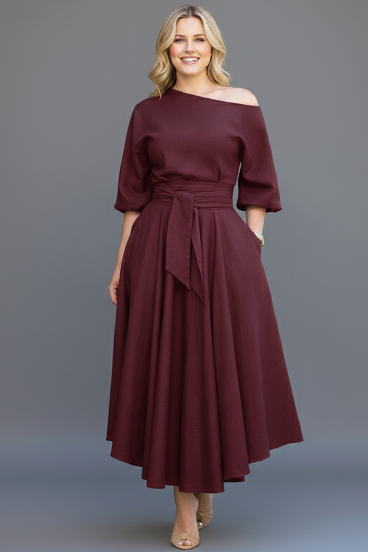 Women's asymmetric off-shoulder midi dress with balloon sleeves and tie waist