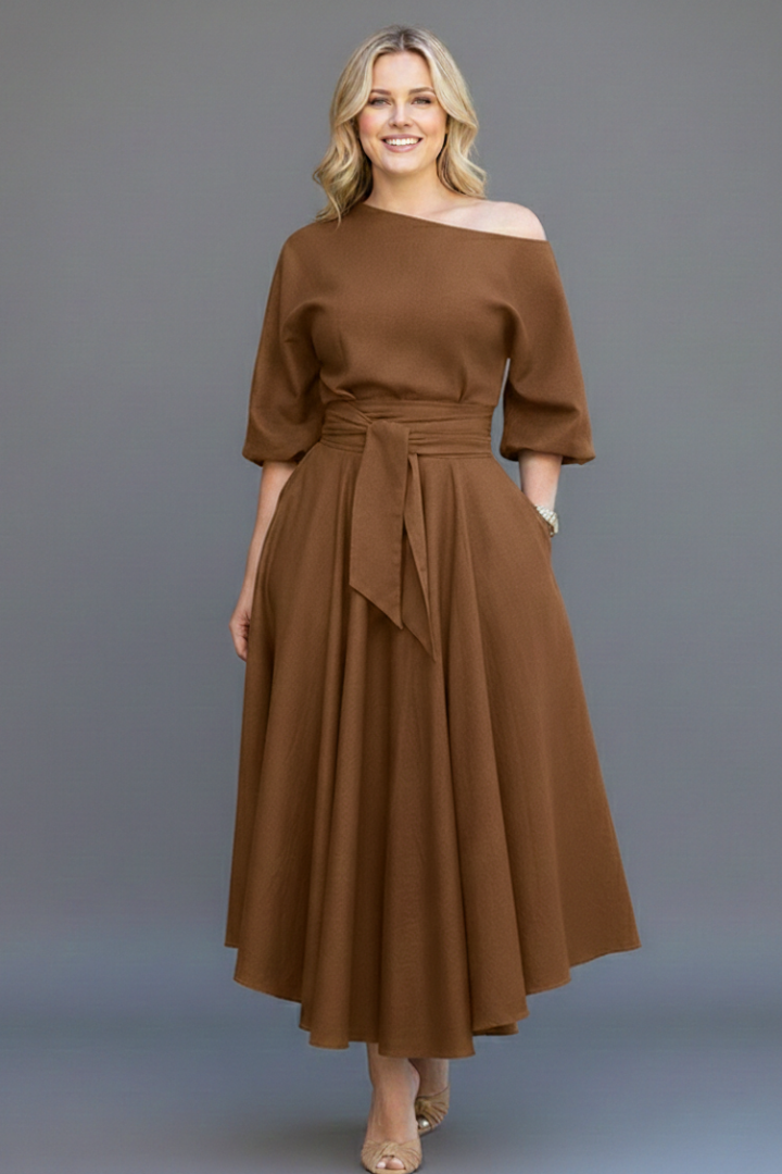 Women's asymmetric off-shoulder midi dress with balloon sleeves and tie waist