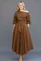 Women's asymmetric off-shoulder midi dress with balloon sleeves and tie waist
