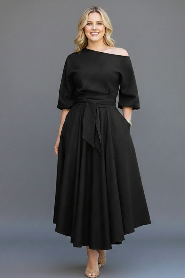 Women's asymmetric off-shoulder midi dress with balloon sleeves and tie waist