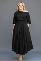 Women's asymmetric off-shoulder midi dress with balloon sleeves and tie waist