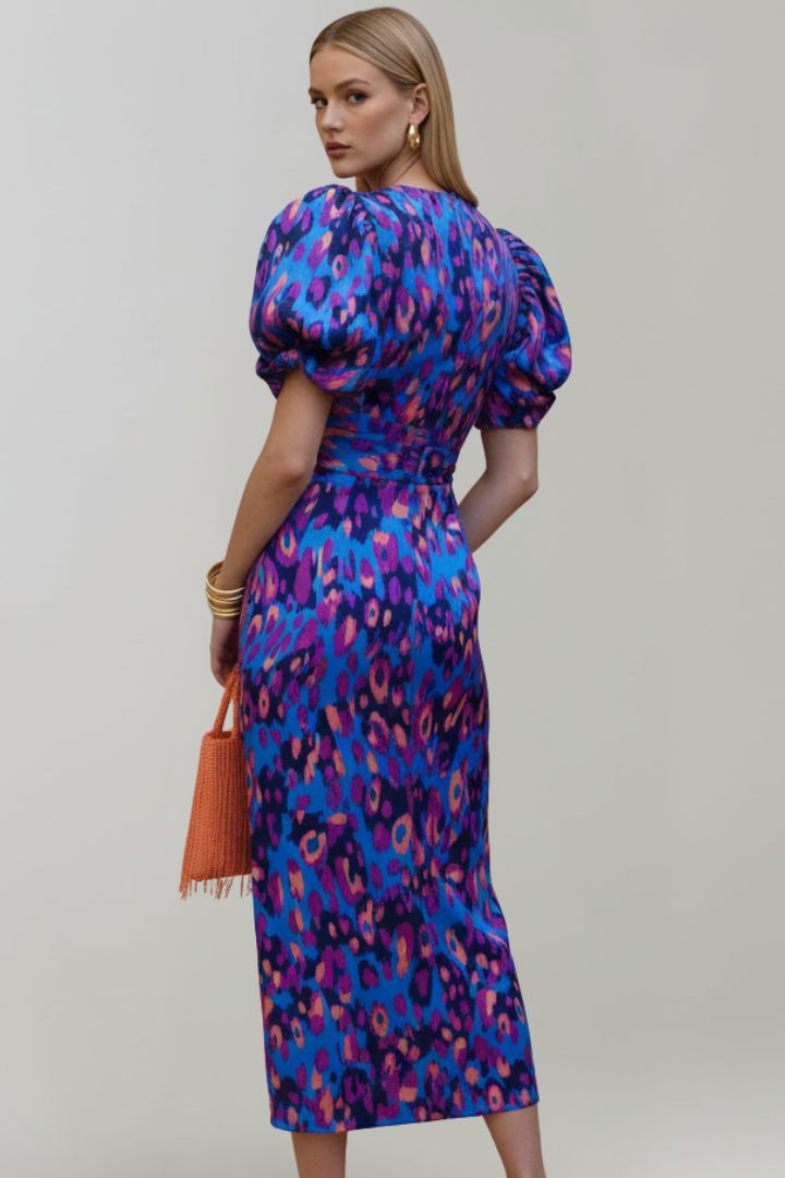 Women's abstract print midi dress with puff sleeves and a ruched waist