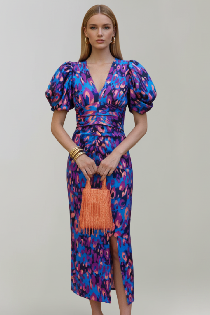 Women's abstract print midi dress with puff sleeves and a ruched waist