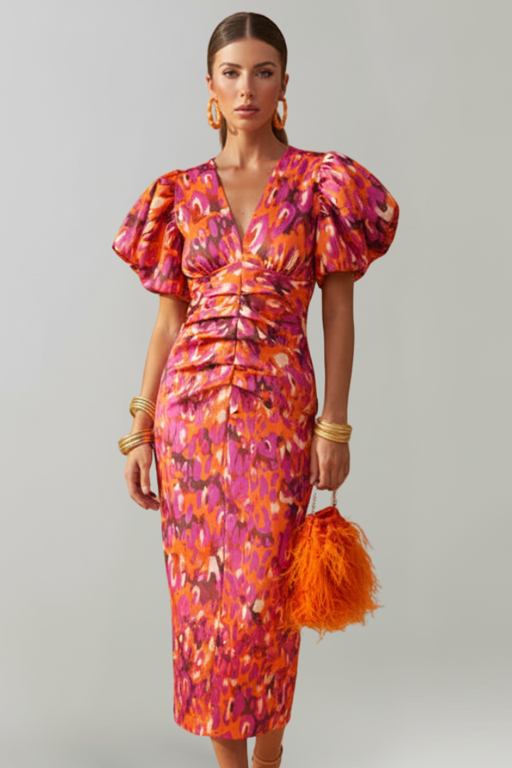 Women's abstract print midi dress with puff sleeves and a ruched waist
