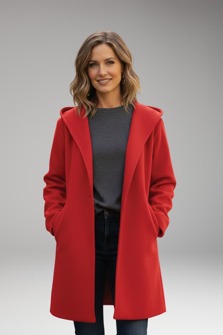 Women's long hooded coat with side pockets and concealed front closure
