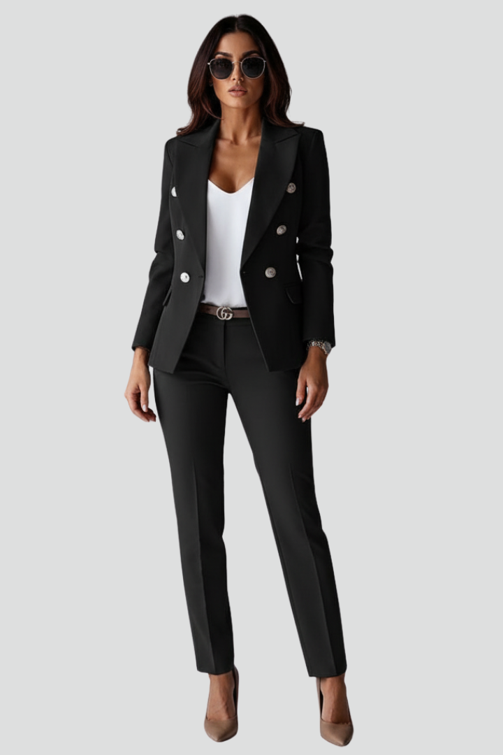 Woman wearing a black double-breasted blazer suit set with straight leg trousers