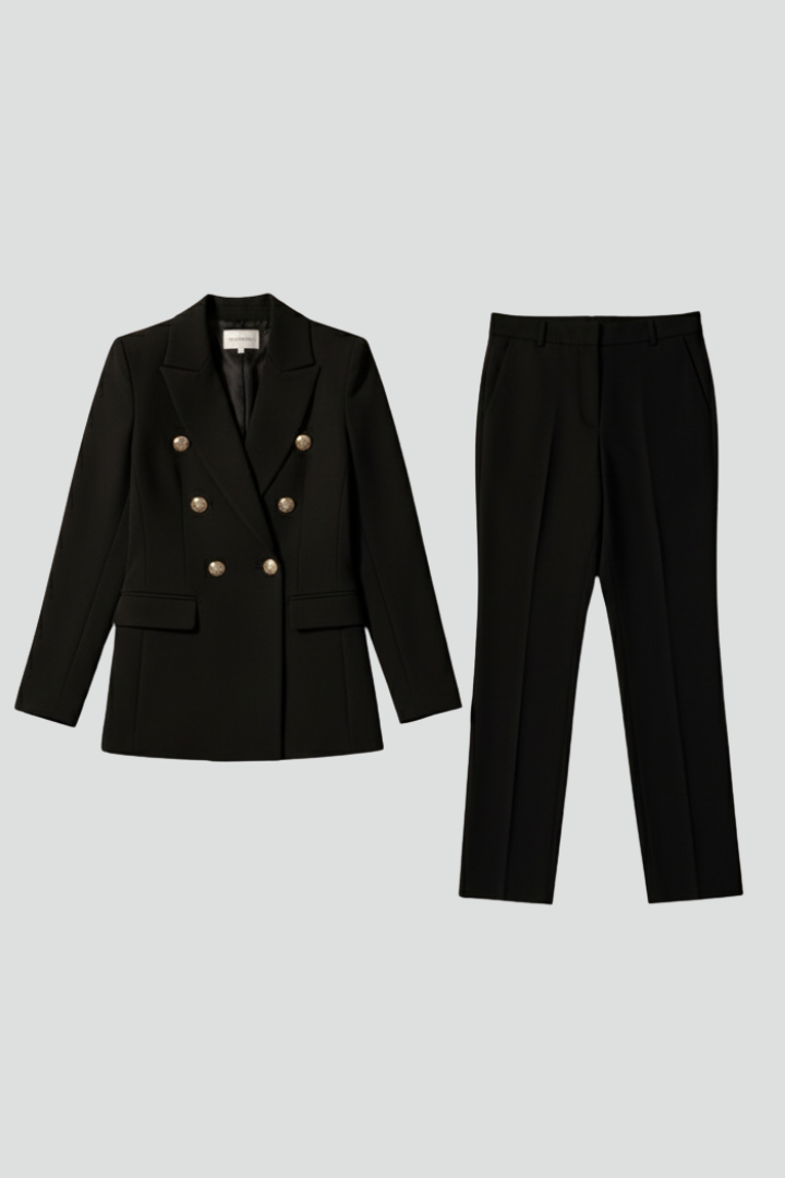Woman wearing a black double-breasted blazer suit set with straight leg trousers