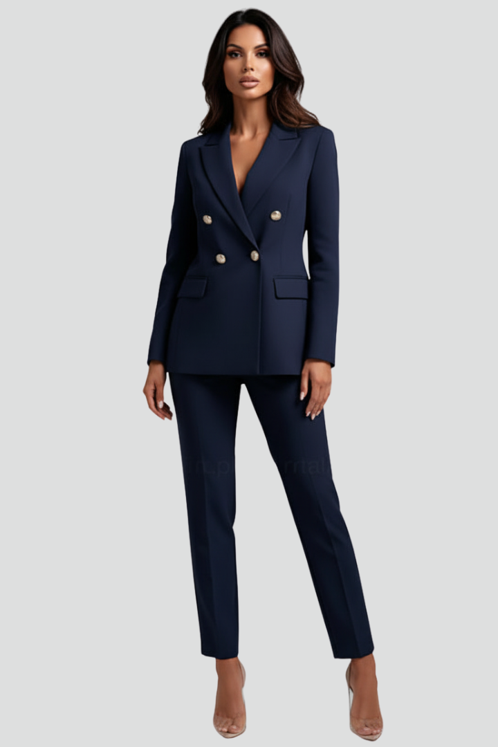 Woman wearing a black double-breasted blazer suit set with straight leg trousers