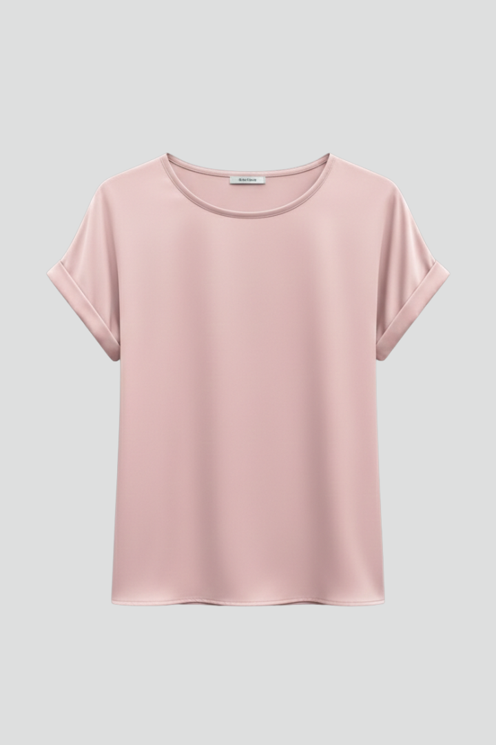 Women's round neck short sleeve top with rolled cuffs