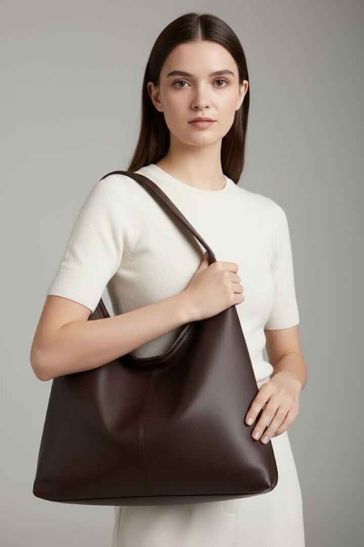 Large smooth shoulder tote bag with long straps