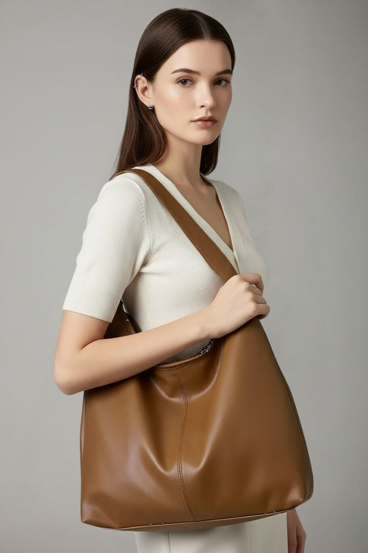 Large smooth shoulder tote bag with long straps