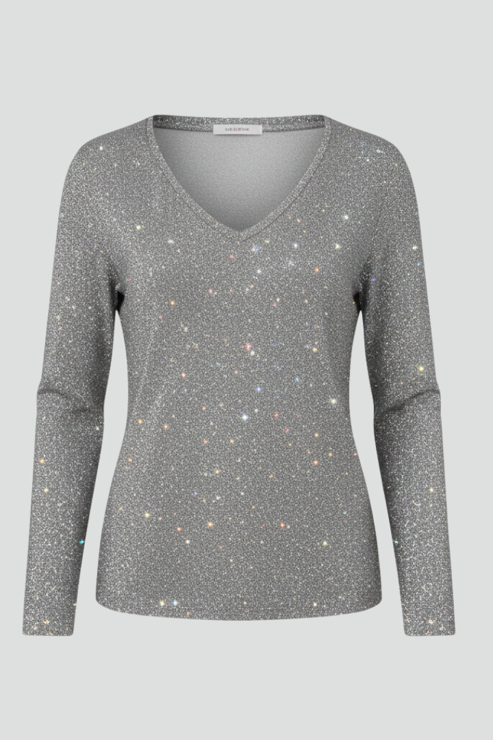 Women's long-sleeve V-neck sequin sweater with scattered reflective detailing