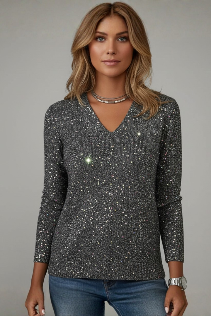Women's long-sleeve V-neck sequin sweater with scattered reflective detailing
