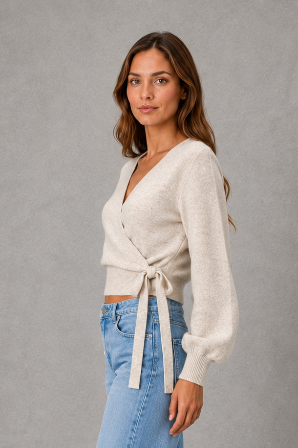 Women's V-neck wrap sweater with tie waist and long sleeves