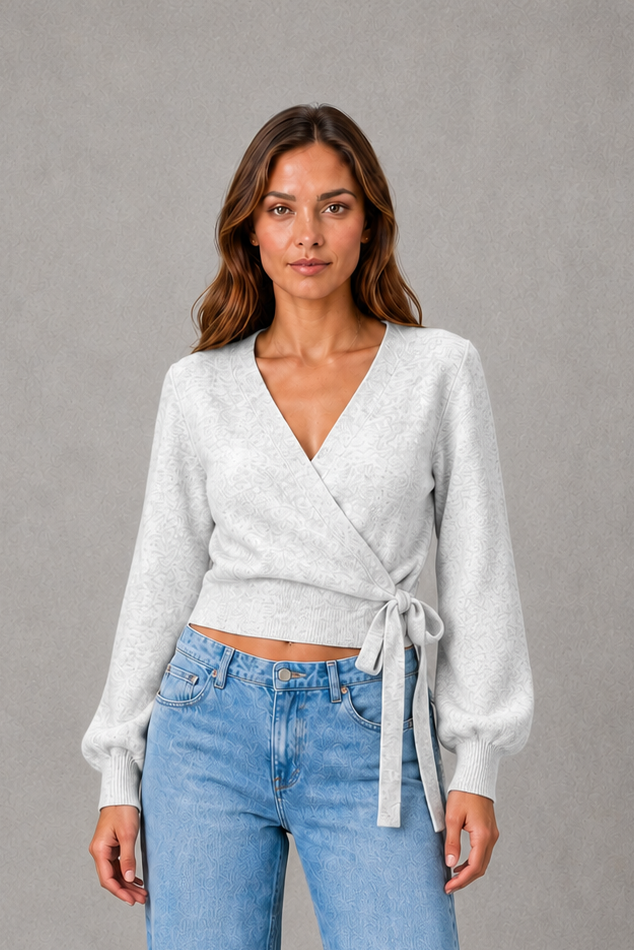 Women's V-neck wrap sweater with tie waist and long sleeves