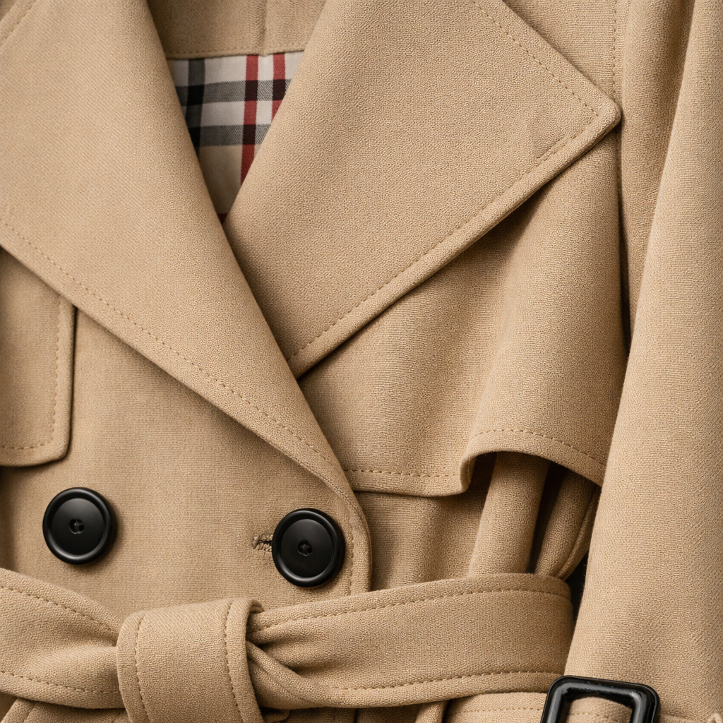 Women's belted double-breasted trench coat with long sleeves, buckled cuffs and checked lining