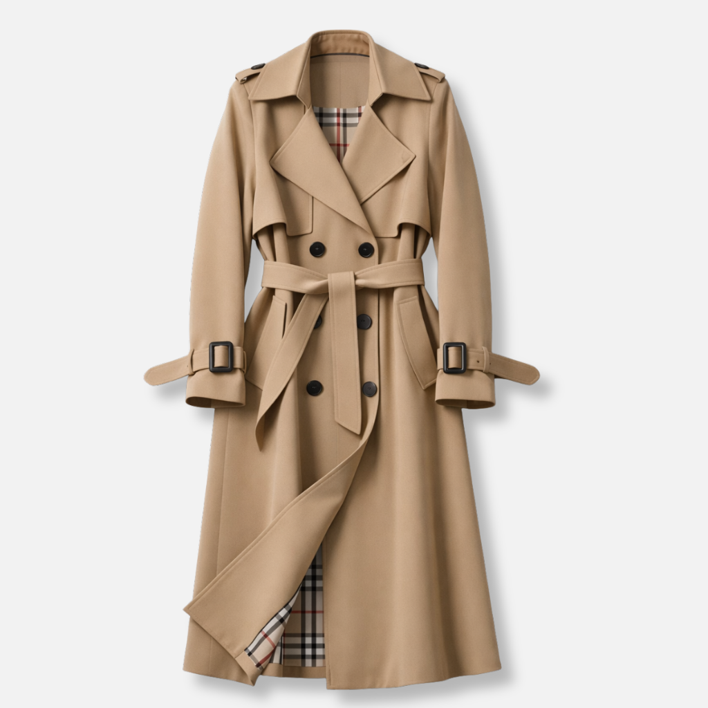 Women's belted double-breasted trench coat with long sleeves, buckled cuffs and checked lining