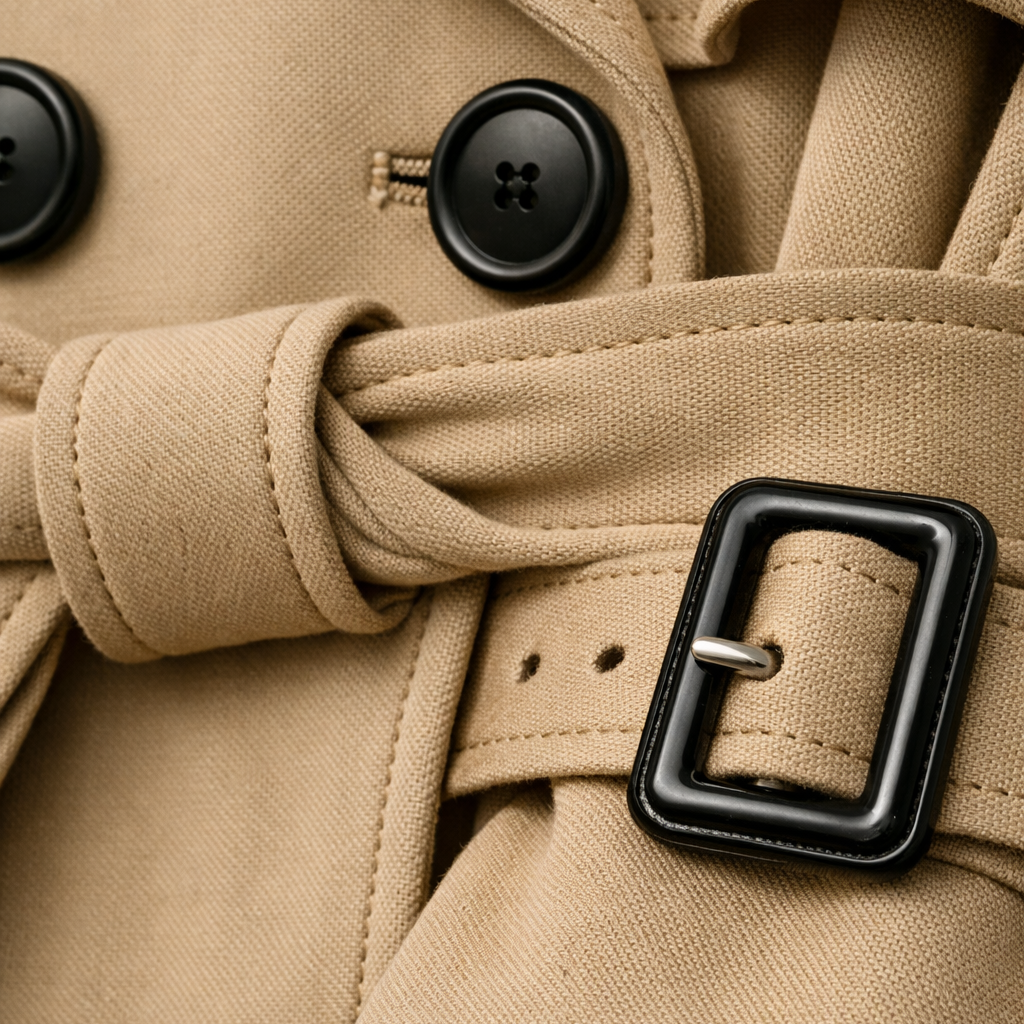 Women's belted double-breasted trench coat with long sleeves, buckled cuffs and checked lining