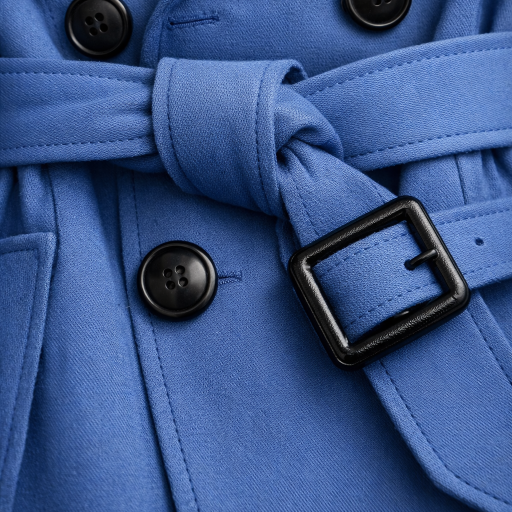 Women's belted double-breasted trench coat with long sleeves, buckled cuffs and checked lining
