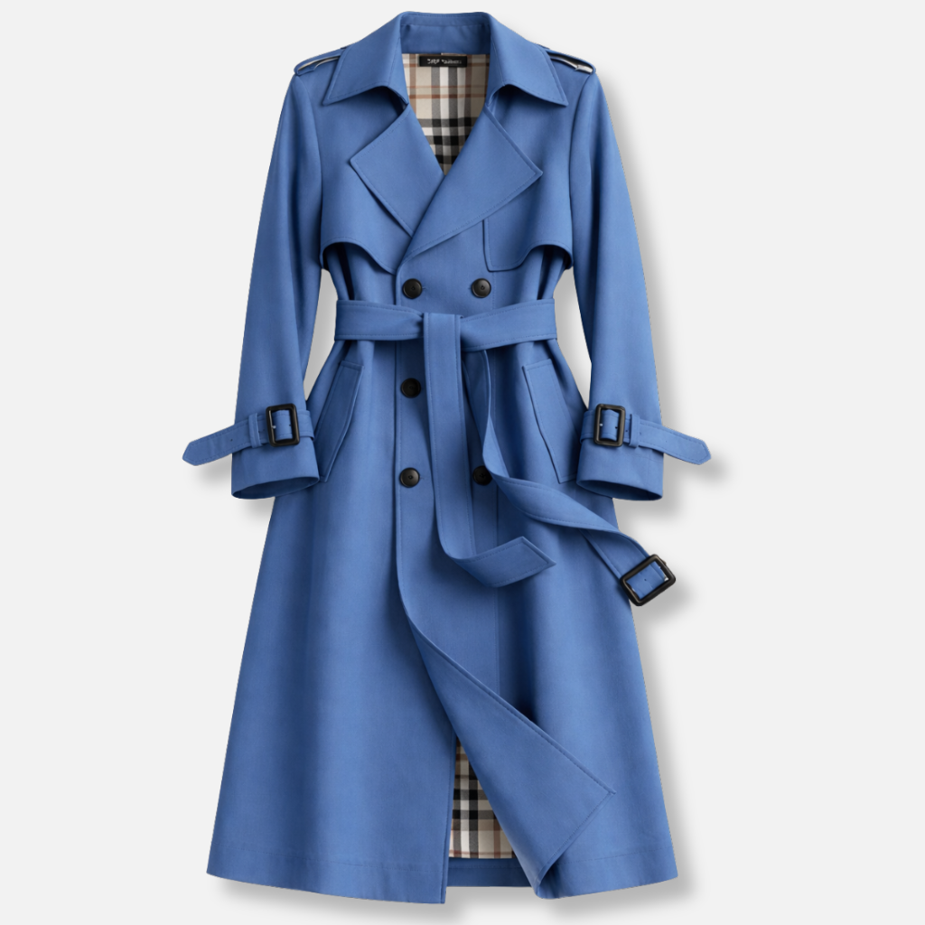 Women's belted double-breasted trench coat with long sleeves, buckled cuffs and checked lining