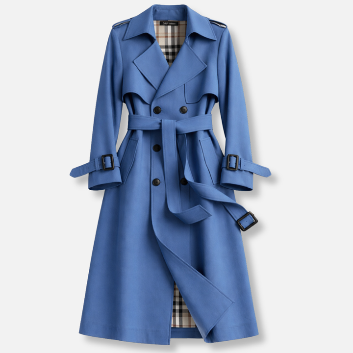 Women's belted double-breasted trench coat with long sleeves, buckled cuffs and checked lining