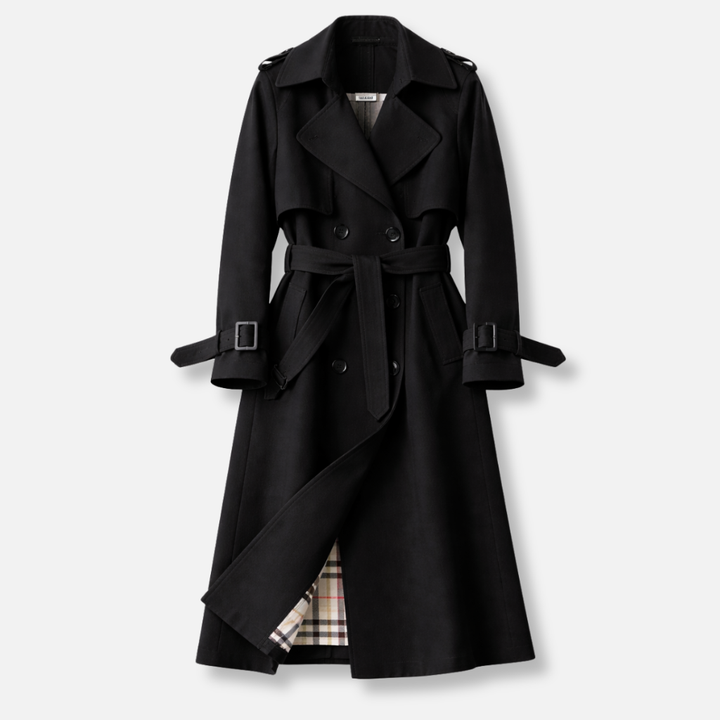 Women's belted double-breasted trench coat with long sleeves, buckled cuffs and checked lining