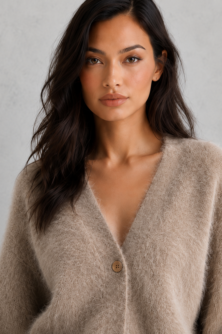 Women's textured knit V-neck cardigan with buttons and long sleeves