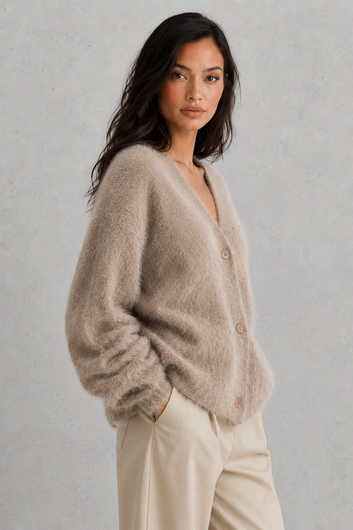 Women's textured knit V-neck cardigan with buttons and long sleeves