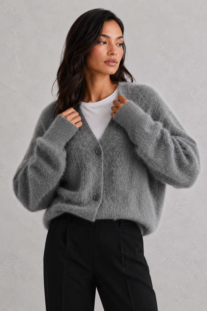Women's textured knit V-neck cardigan with buttons and long sleeves