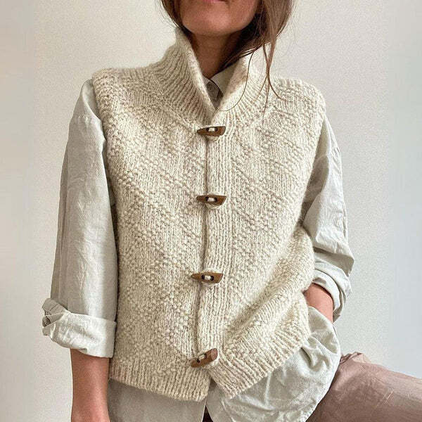 Women's white textured sleeveless cardigan vest with mock neck and button front