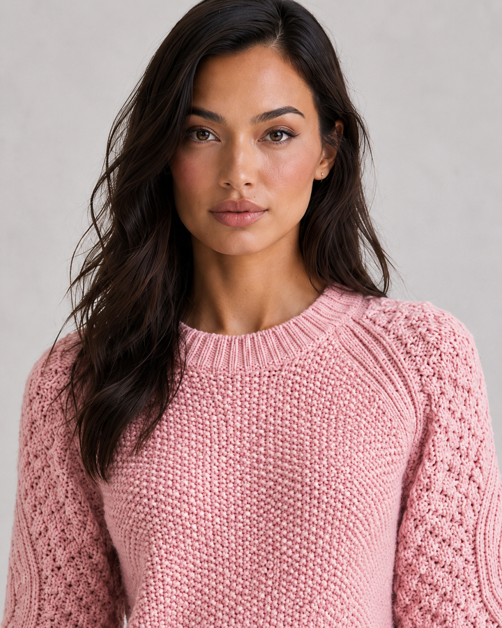 Women's chunky knit crew neck sweater with long textured sleeves