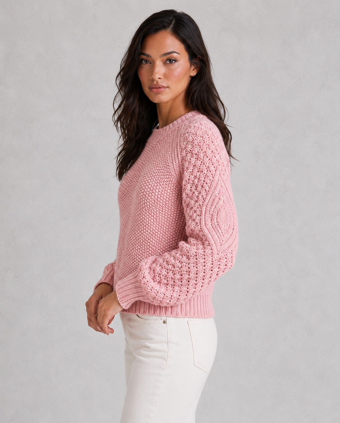 Women's chunky knit crew neck sweater with long textured sleeves