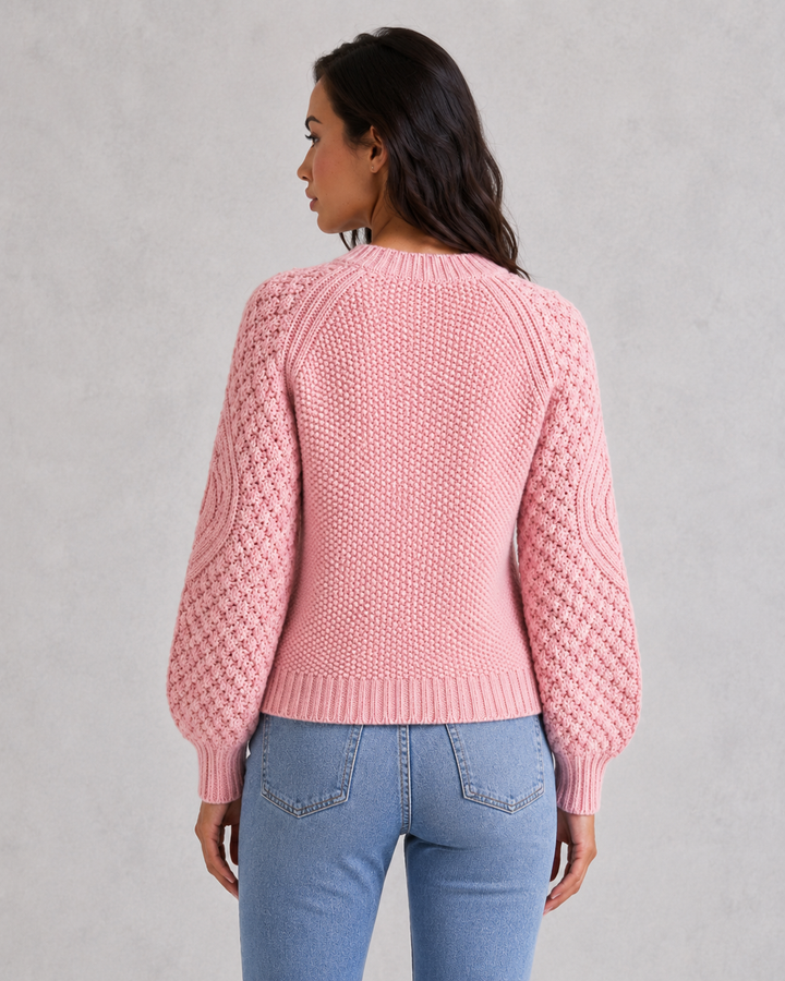 Women's chunky knit crew neck sweater with long textured sleeves