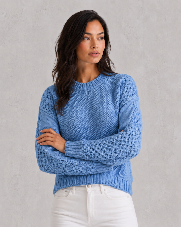 Women's chunky knit crew neck sweater with long textured sleeves