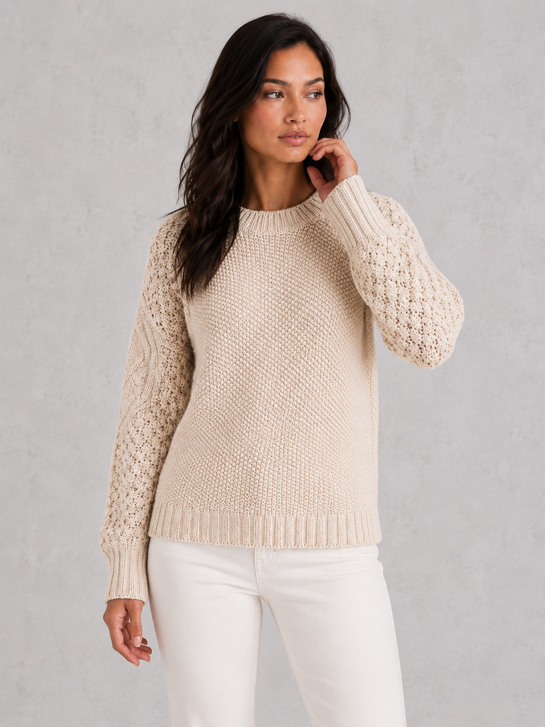 Women's chunky knit crew neck sweater with long textured sleeves