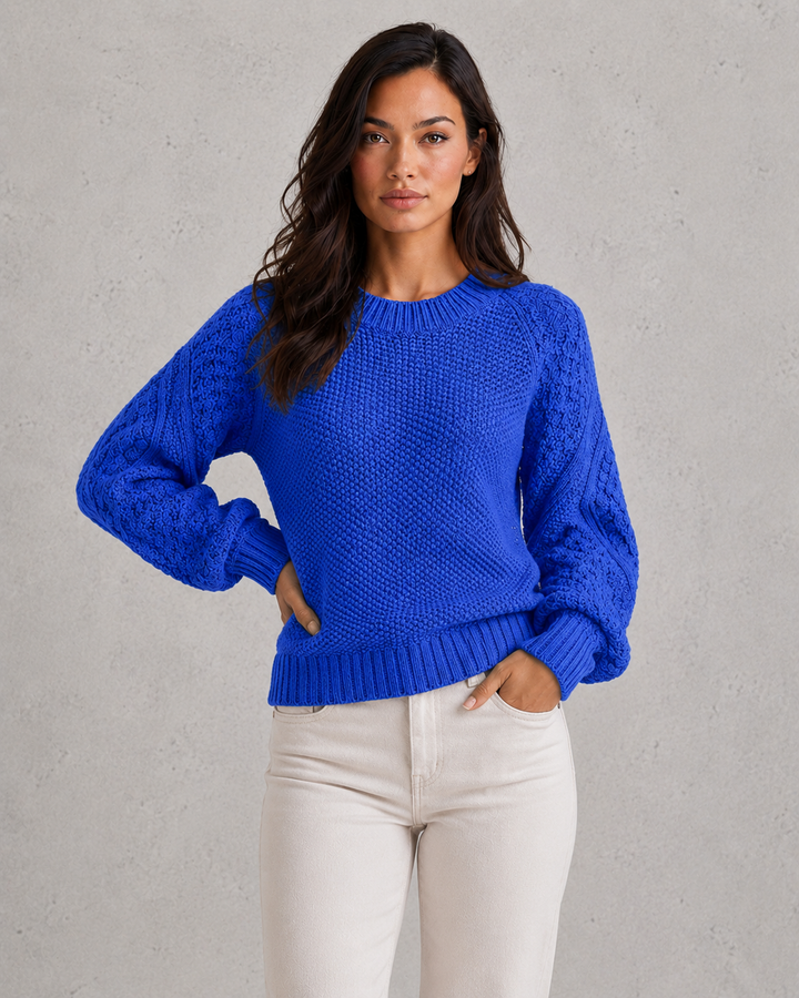 Women's chunky knit crew neck sweater with long textured sleeves