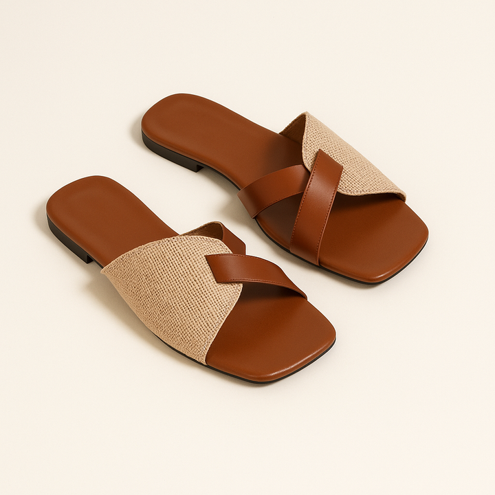 Simona | Women's Square Toe Retro Flat Slides – Open Toe Summer Sandals