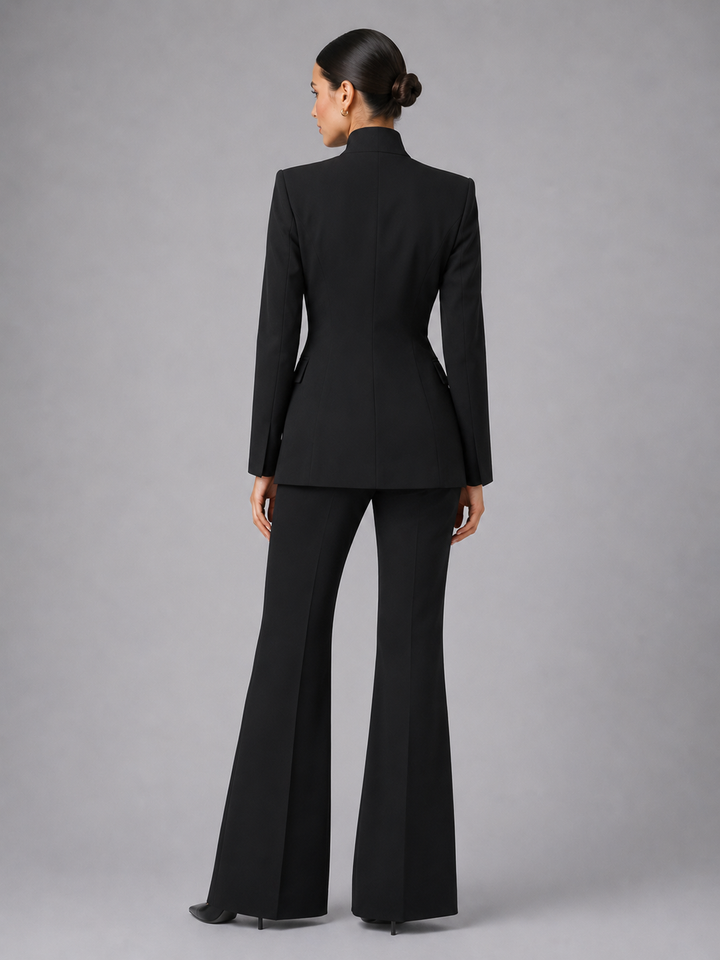 Women's tailored blazer and wide-leg trouser set with standing collar