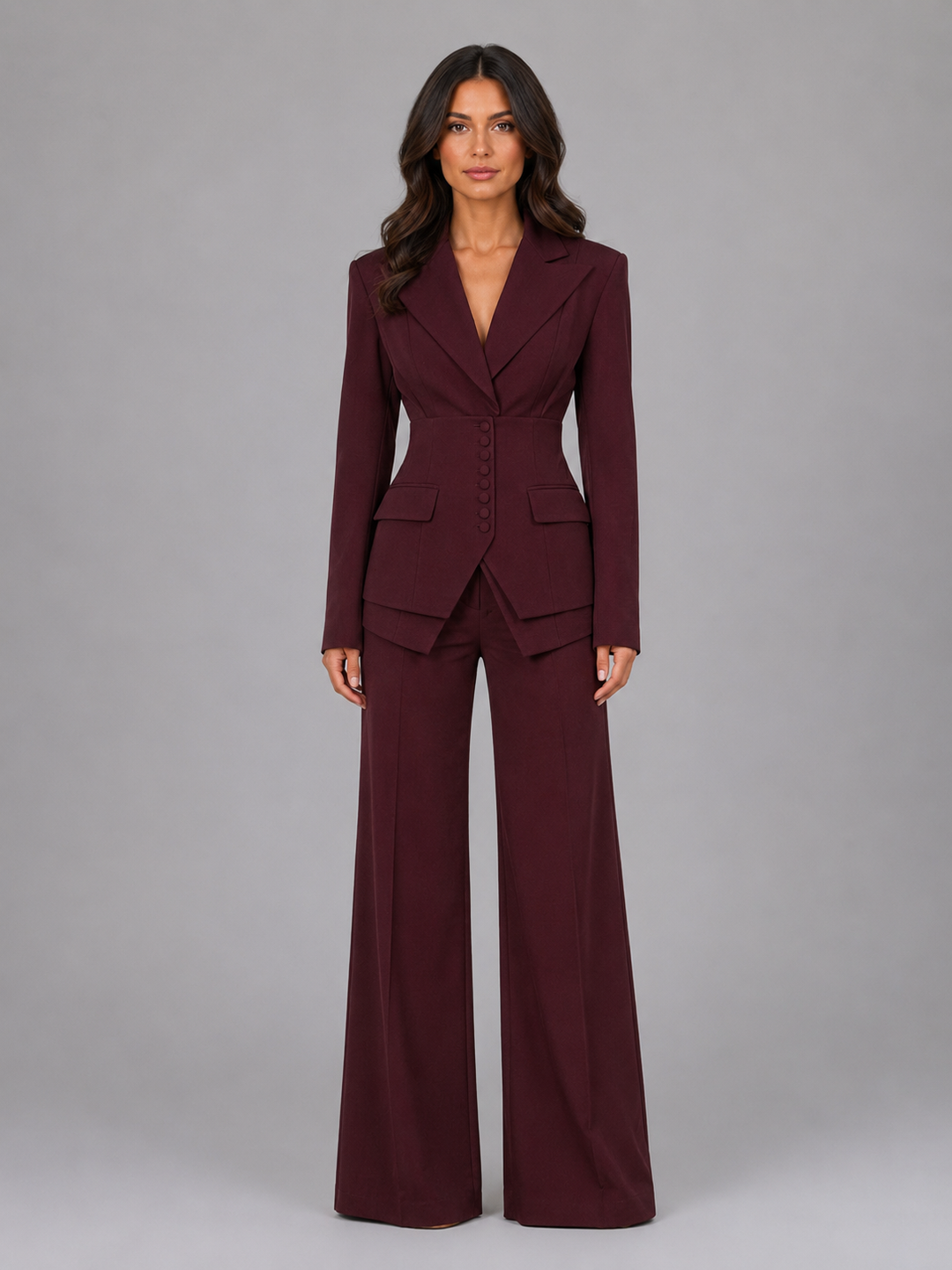 Women's tailored two-piece suit with fitted buttoned jacket and wide-leg trousers