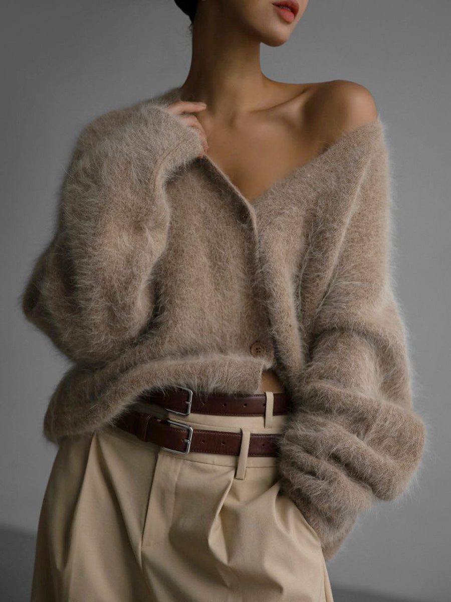 Women's long fuzzy knit cardigan with V-neckline, long sleeves and button front