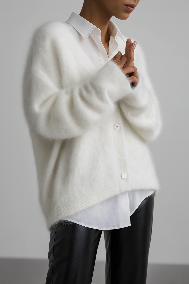 Women's long fuzzy knit cardigan with V-neckline, long sleeves and button front