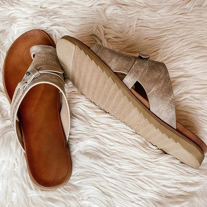 Sonya | Women's Flat Toe Loop Sandals Cushioned Footbed Summer Slides