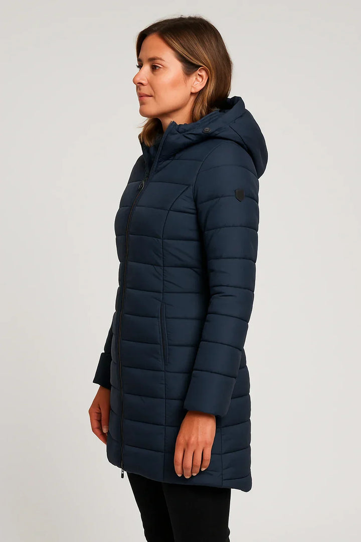 Women's hooded mid-length puffer coat