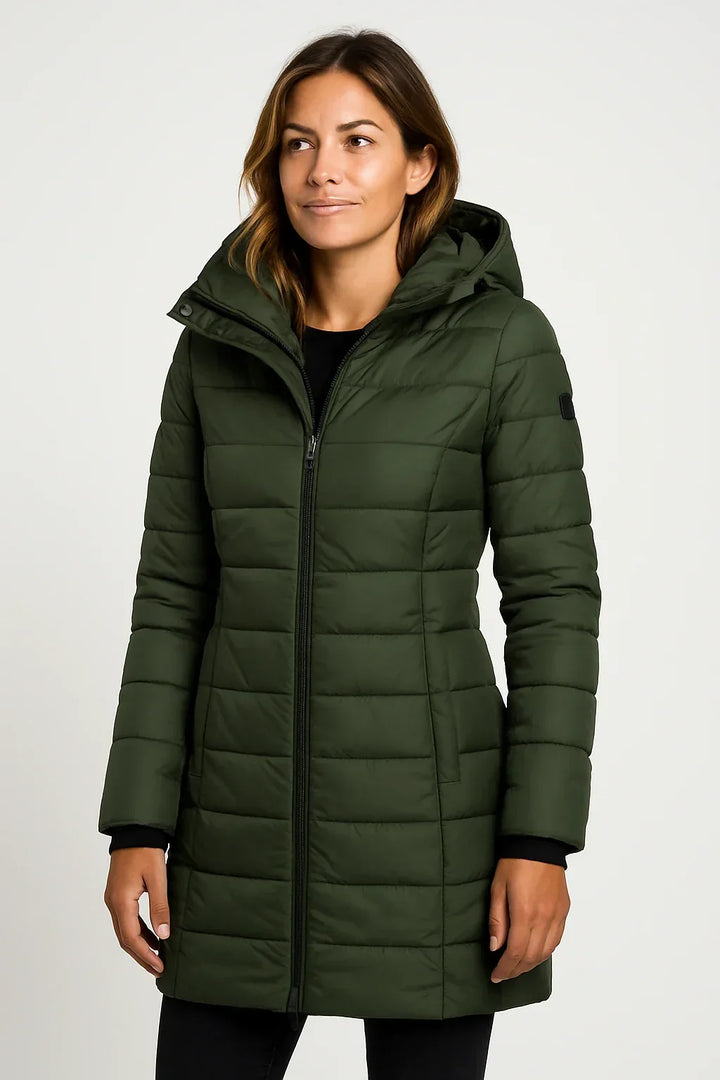 Women's hooded mid-length puffer coat