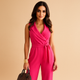 Women's sleeveless wrap jumpsuit with a tie waist and wide legs